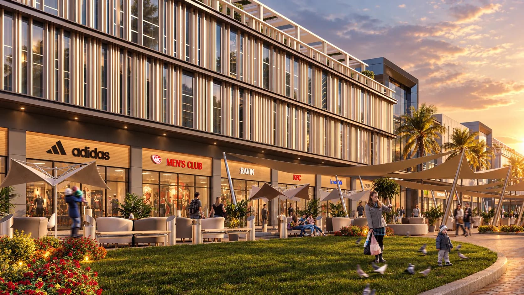 Pedestrian retail promenade with international brand stores, outdoor dining lounges, and modern architectural louvers.