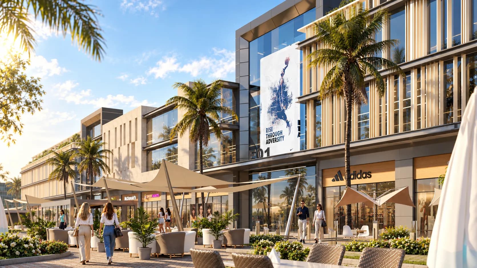 Golden hour view of the retail boulevard with manicured lawns, dining patios, and contemporary administrative facades.