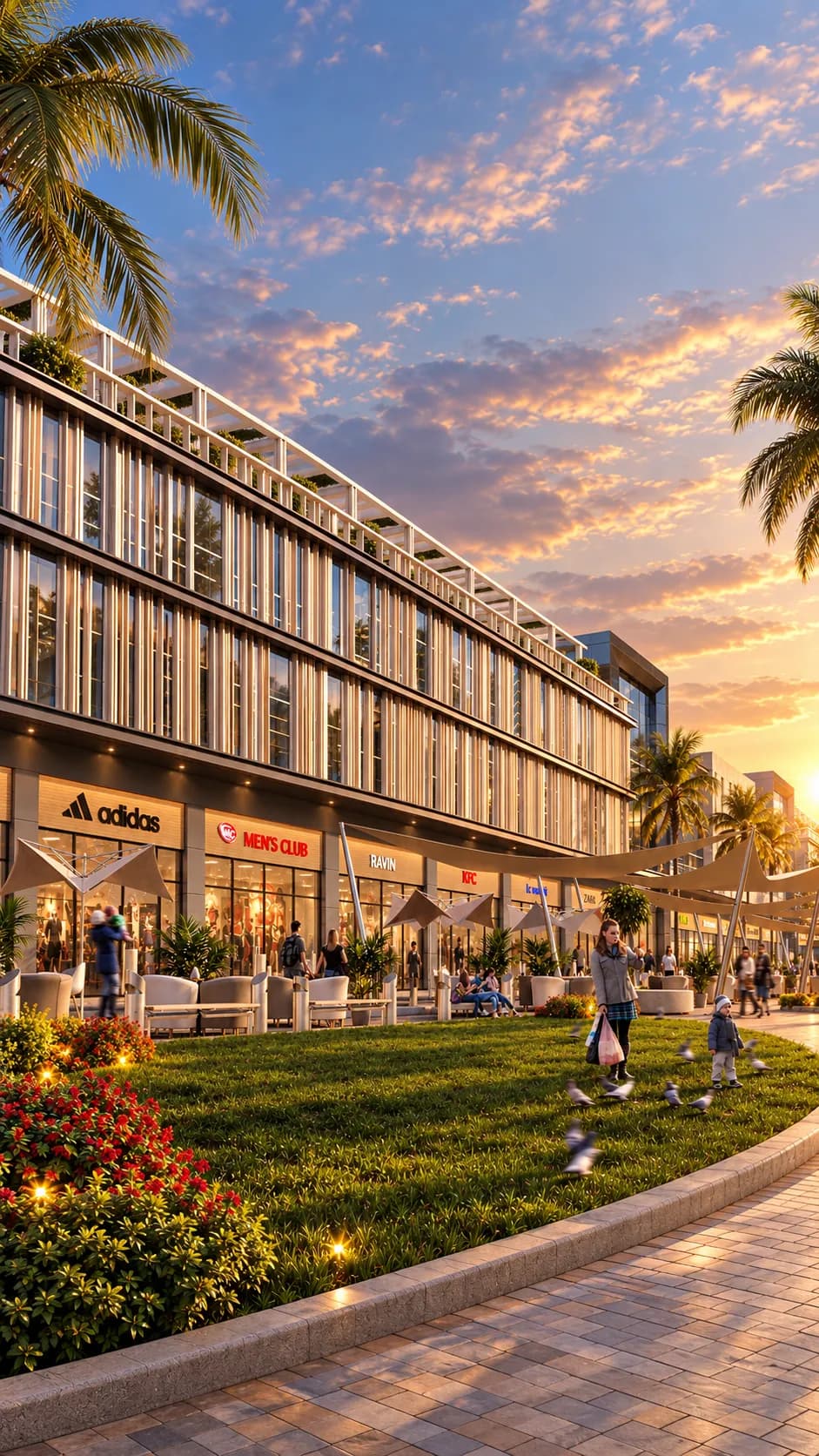 Exterior perspective of the commercial tower showcasing modern glass facades and vertical architectural lines.