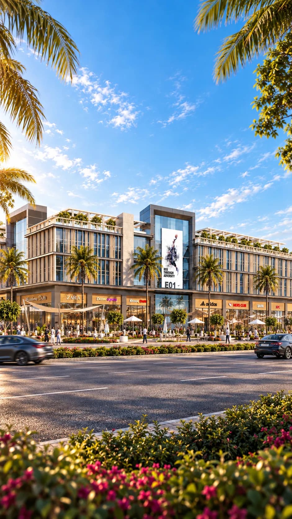 Grand elevation view of Capital Mark highlighting the full-height glass atrium and landscaped plaza entrance.
