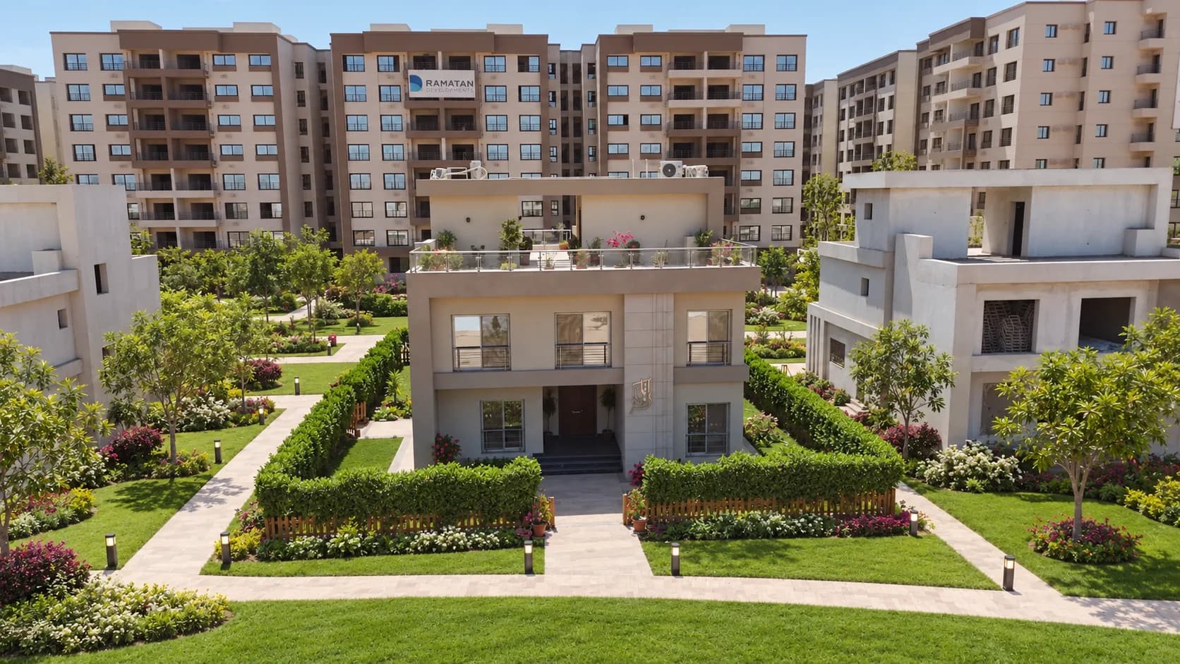 Panoramic view of the standalone villa nestled within expansive landscaped gardens.