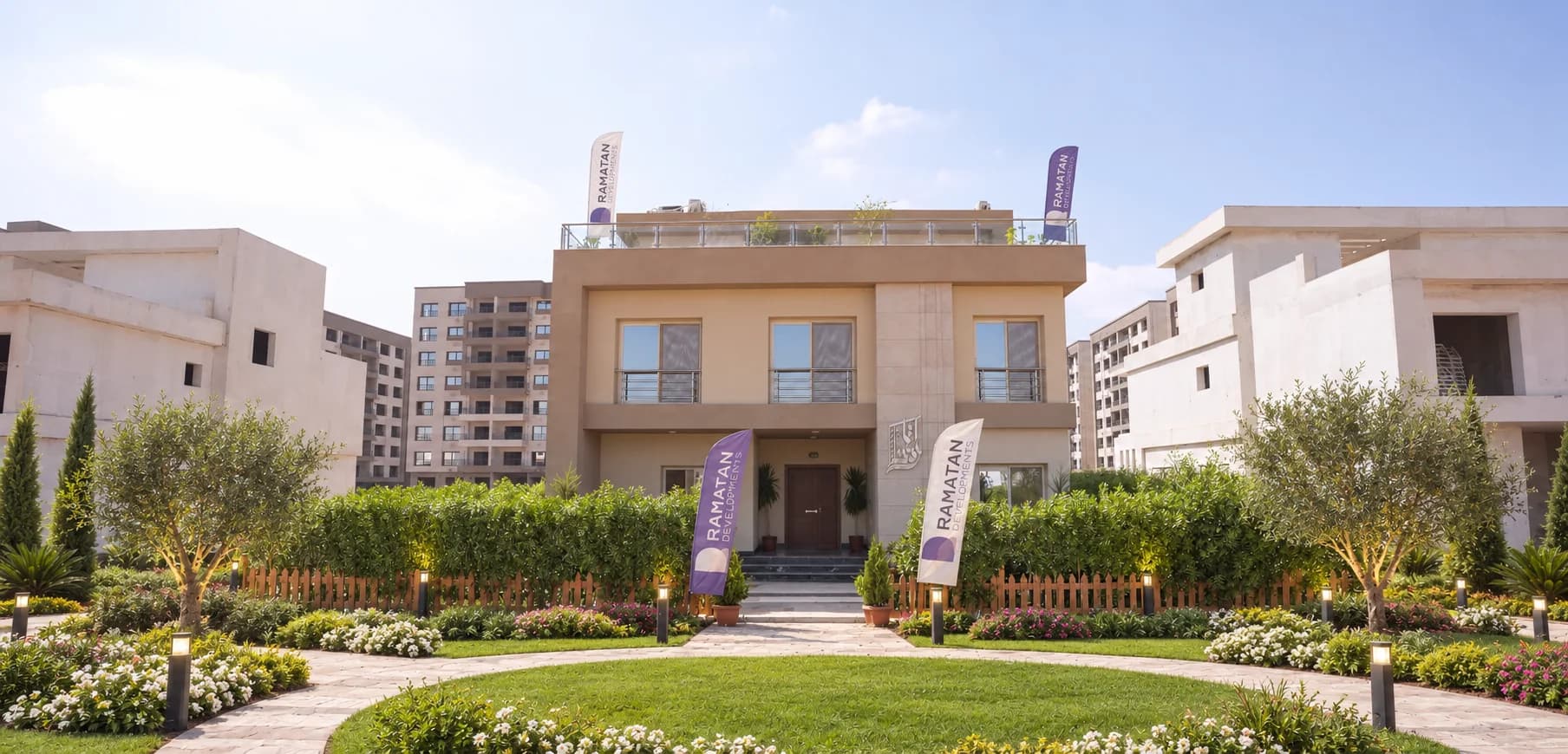 Front view of the luxury standalone villa featuring private entrance and manicured gardens.