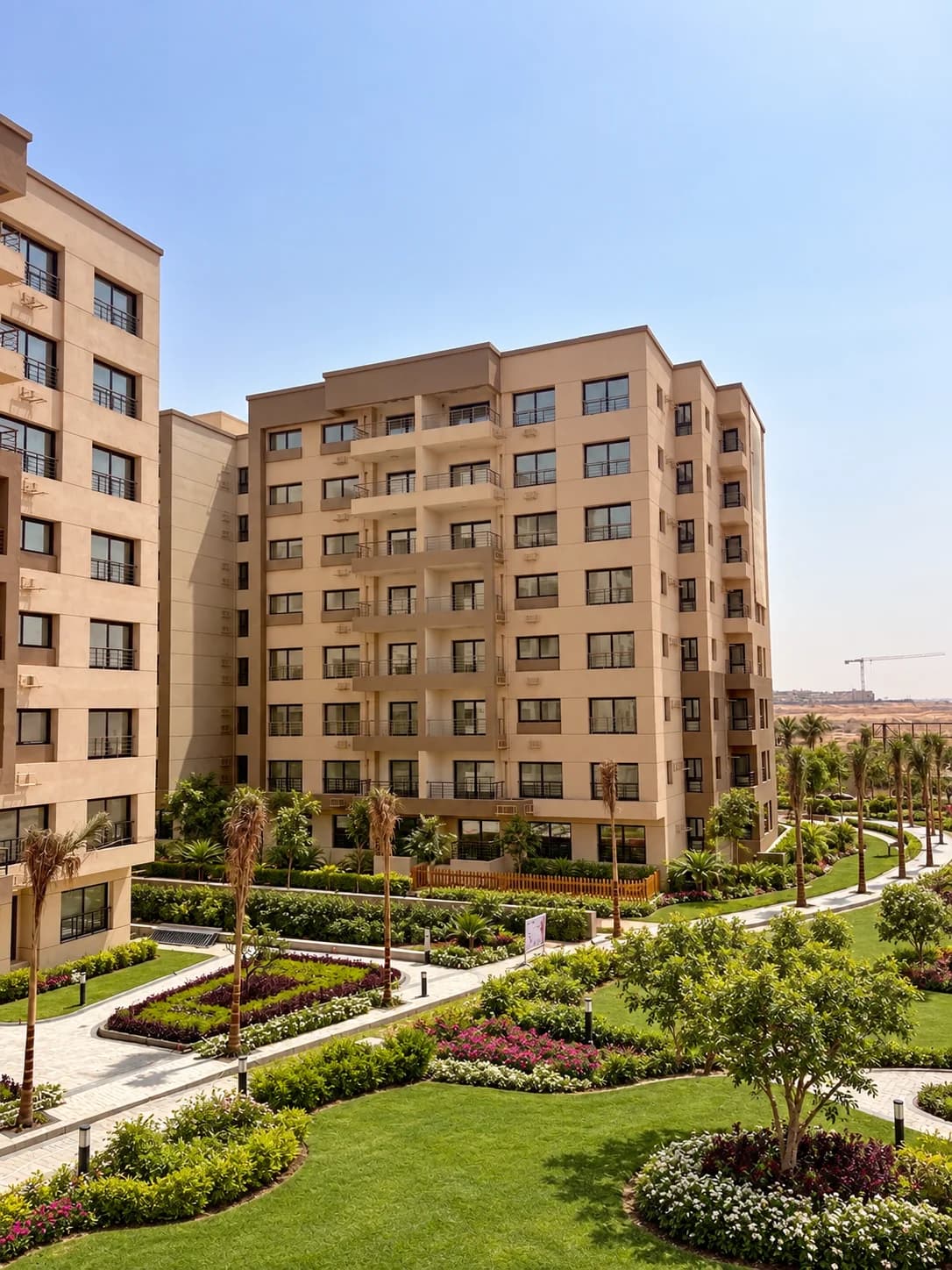 High-angle view of the residential community highlighting palm-lined paths and courtyard gardens.