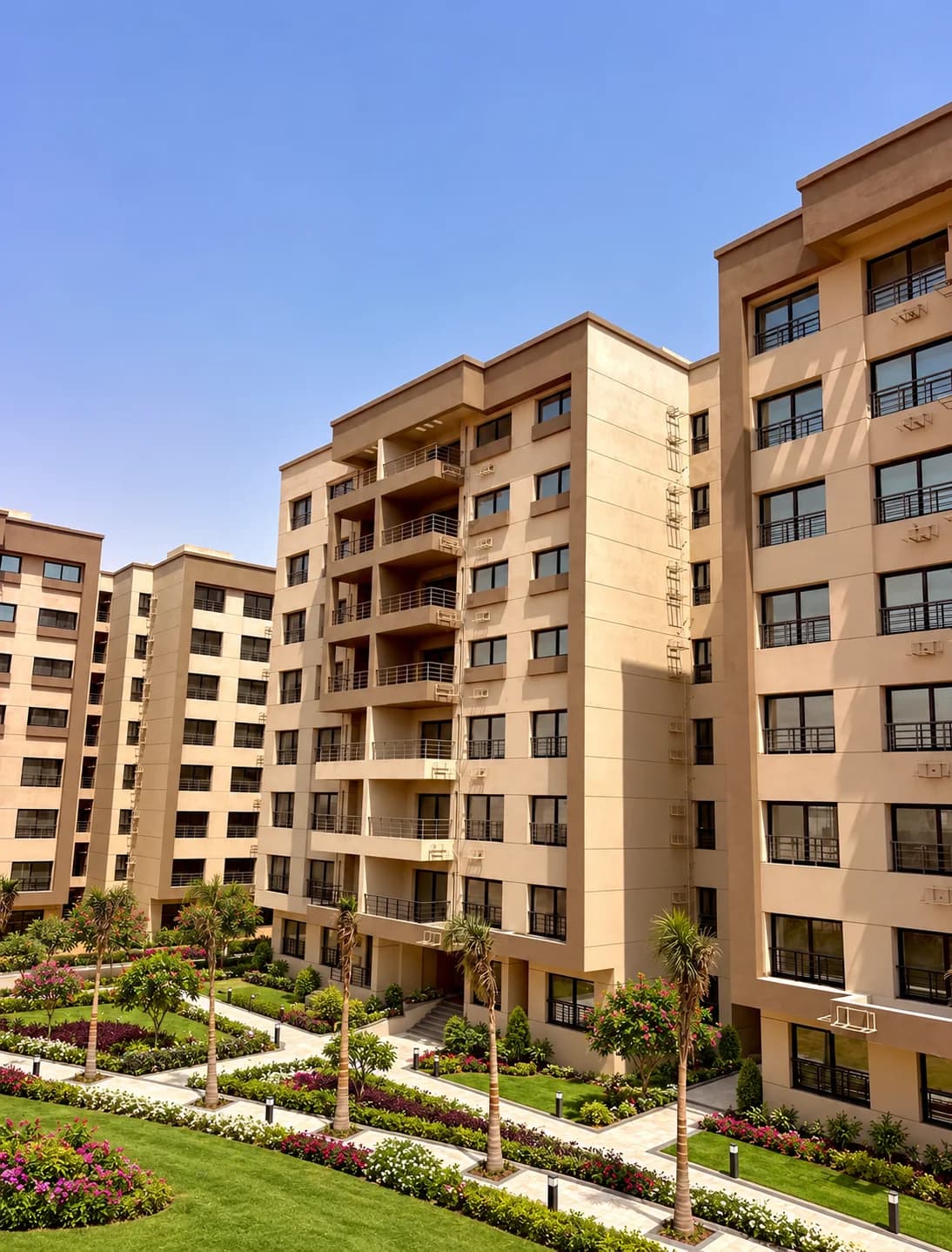 Lush courtyard walkways connecting residential buildings with vibrant landscaping.